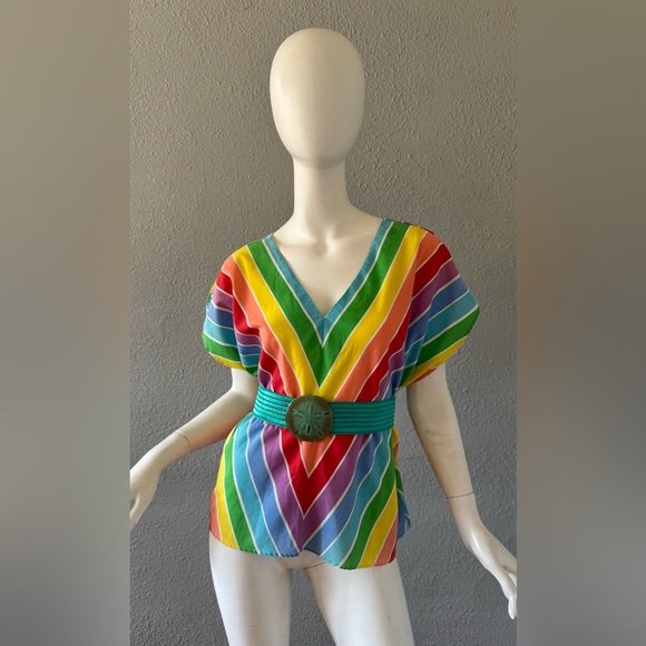 Vintage 70s 80s Rainbow Chevron Striped Top Blouse - Picture 11 of 13